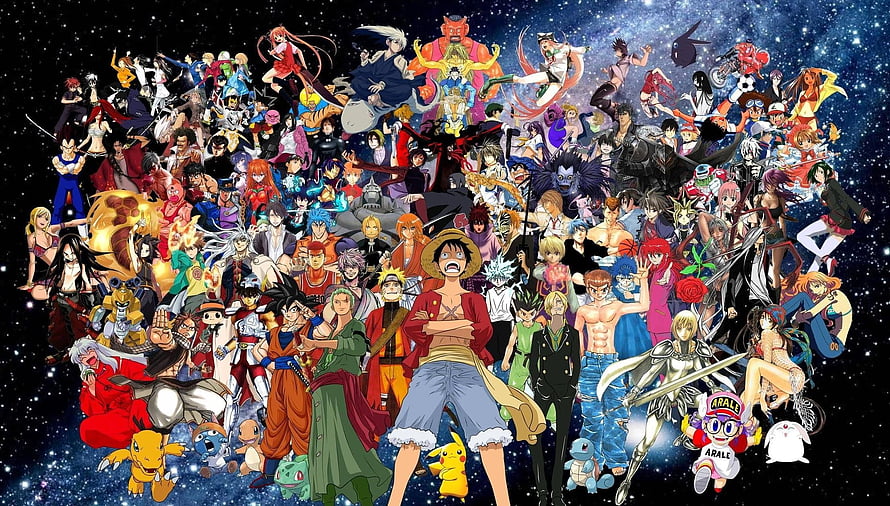 Massive Anime Character Collage Featuring Luffy, Goku, Pikachu, and Naruto Against a Starry Sky HD wallpaper