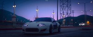 White Toyota Supra JZA80 with halo headlights parked on a street at twilight with purple sky HD wallpaper