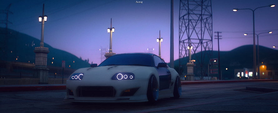 White Toyota Supra JZA80 with halo headlights parked on a street at twilight with purple sky HD wallpaper