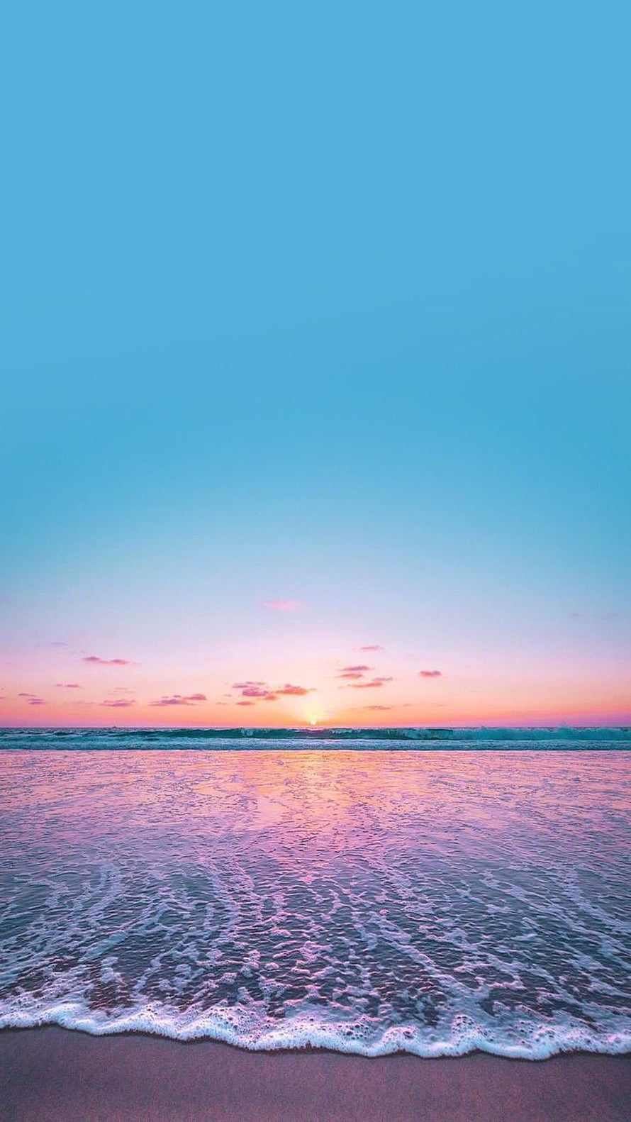 Serene Sunset Beach With Pink And Blue Sky Reflections On Ocean Waves HD phone wallpaper