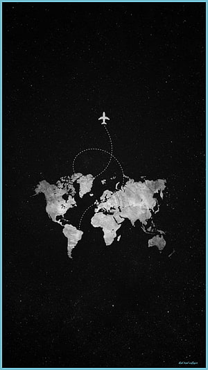 Minimalist Black World Map with Airplane Flight Path and Starry Night Sky HD phone wallpaper