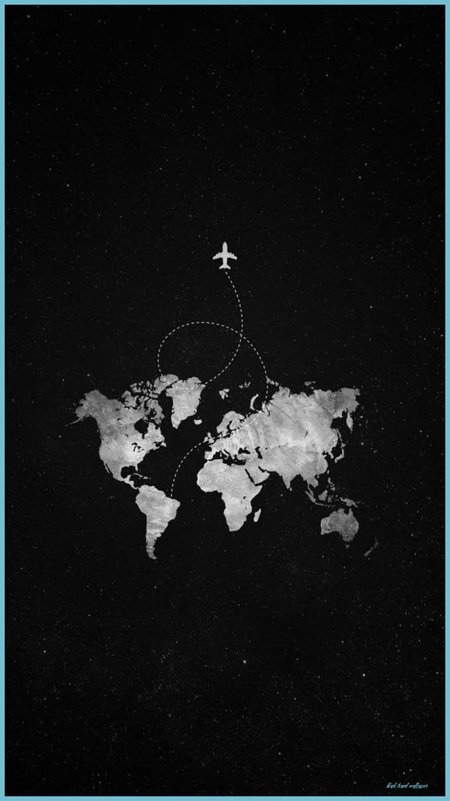 Minimalist Black World Map with Airplane Flight Path and Starry Night Sky HD phone wallpaper