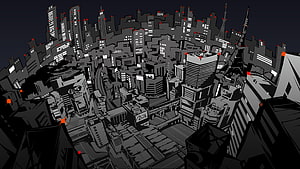 Persona 5 Minimalist Cityscape Illustration with Dark Monochrome Palette and Red Accents HD wallpaper