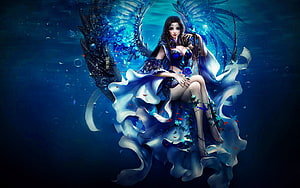 Ethereal Fantasy Woman with Glowing Wings and Flowing Blue Dress in Digital Art, Blue Fantasy Girl, blue, digital, fantasy, pretty, art, beautiful, girl, woman HD wallpaper