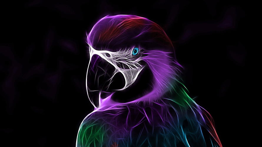 Neon Parrot Linux Mascot with Glowing Purple and Green Feathers on Black Background HD wallpaper