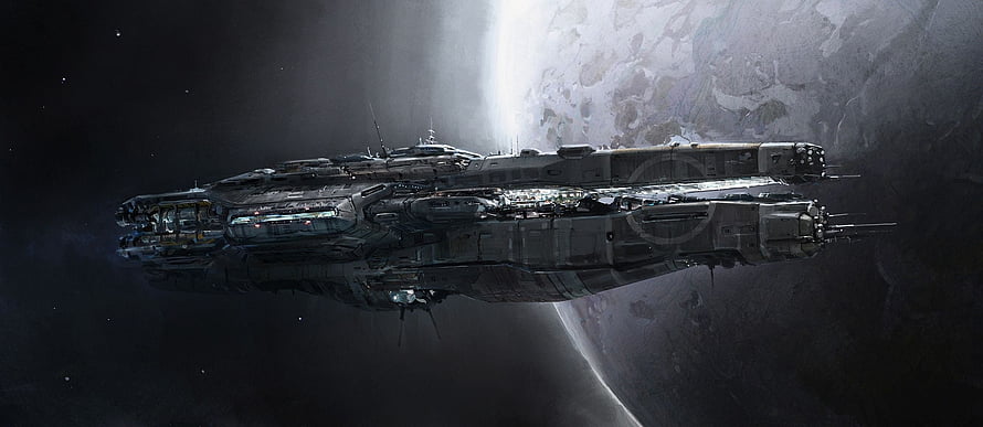 Massive Sci-Fi Starship Cruising Through Deep Space Near a Distant Planet HD wallpaper