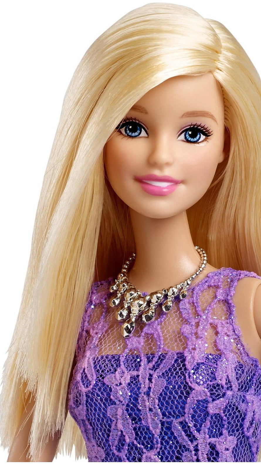Barbie Doll Close-Up Portrait in Purple Lace Dress with Gold Necklace and Long Blonde Hair HD phone wallpaper