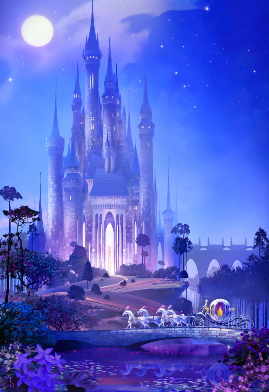 Magical Fantasy Castle at Night with Horse-Drawn Carriage Crossing a Bridge Under a Full Moon HD phone wallpaper