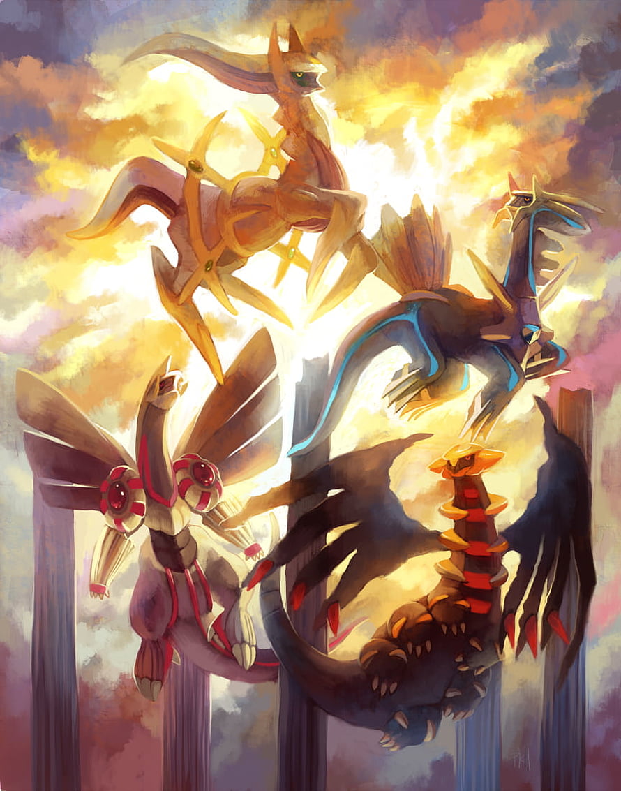 Arceus, Dialga, Palkia, and Giratina Legendary Pokemon Artwork HD phone wallpaper