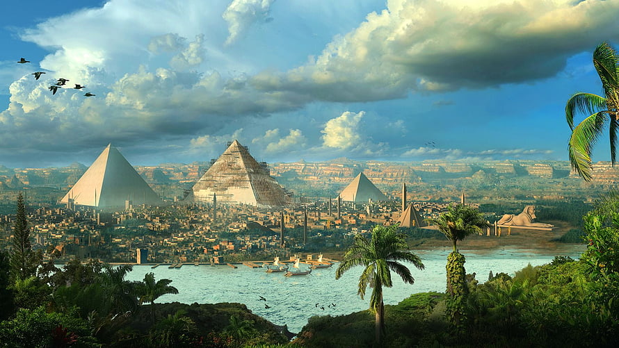 Fantasy Ancient Egypt Cityscape with Pyramids and Sphinx HD wallpaper