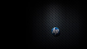 HP Logo on Dark Hexagonal Mesh Background with Blue Accent Lighting HD wallpaper
