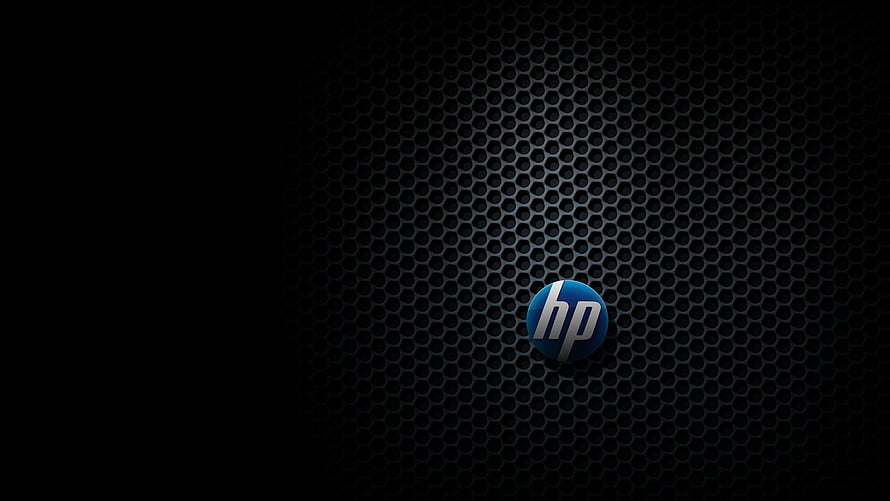 HP Logo on Dark Hexagonal Mesh Background with Blue Accent Lighting HD wallpaper