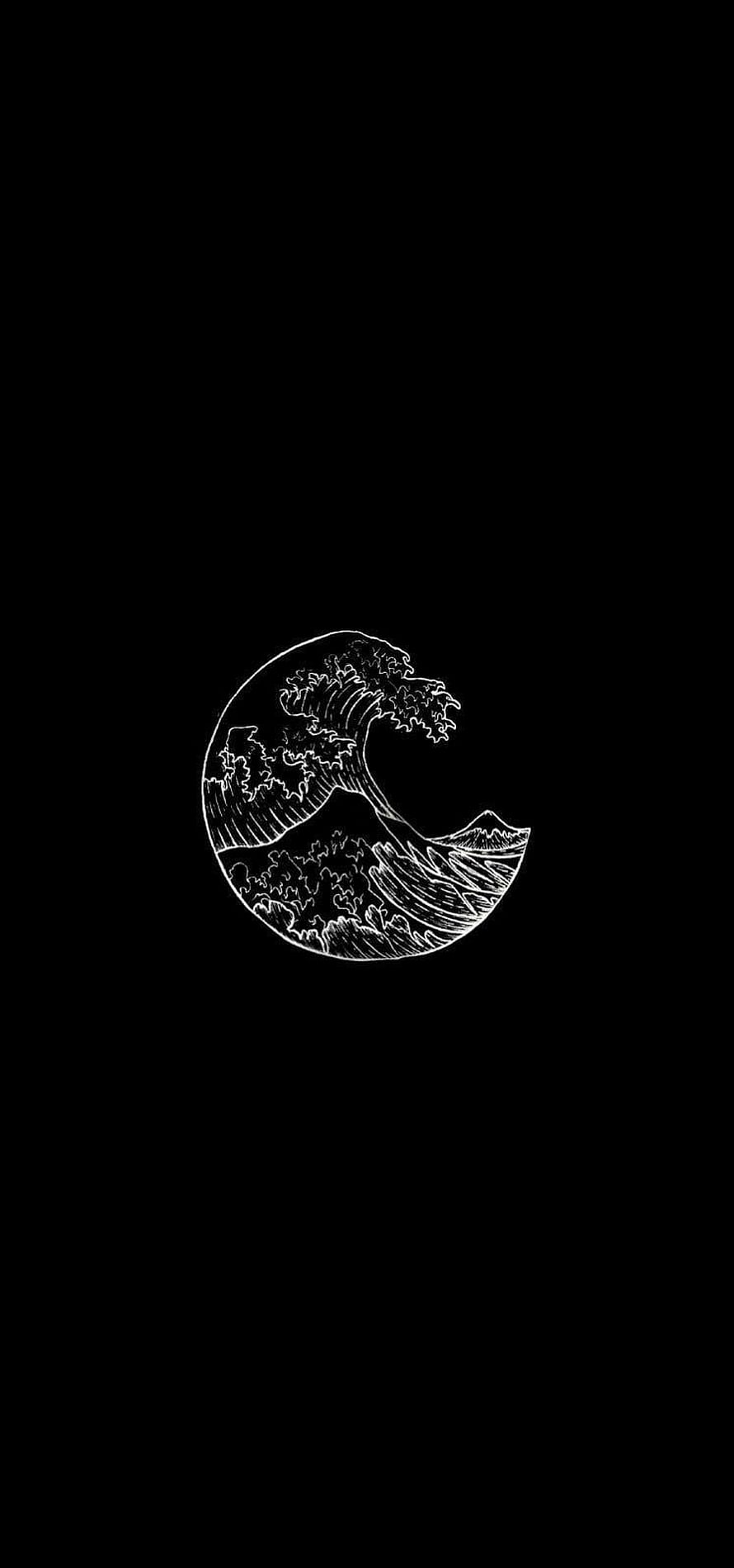 Minimalist White Line Art of The Great Wave off Kanagawa on Black Background HD phone wallpaper