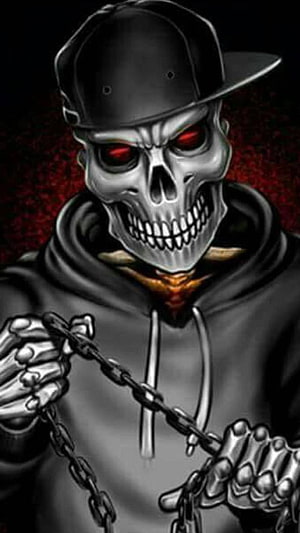 Grim Reaper Skeleton in Black Hoodie and Cap with Red Eyes and Chains HD phone wallpaper