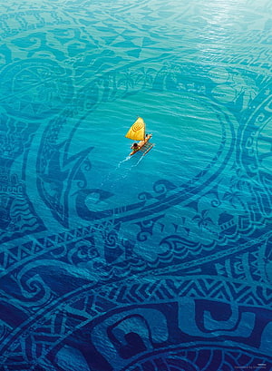 Moana Sailing a Canoe Across a Vast Ocean with Polynesian Patterns HD phone wallpaper