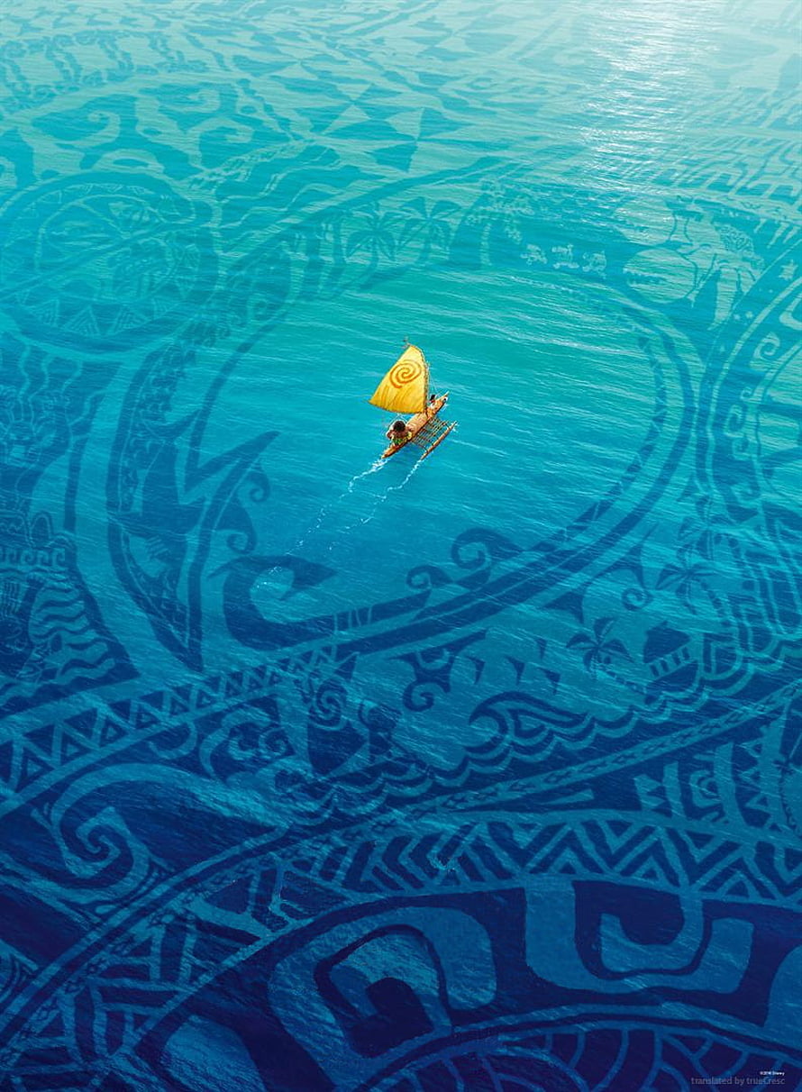Moana Sailing a Canoe Across a Vast Ocean with Polynesian Patterns HD phone wallpaper