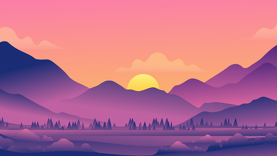 Minimalist Vector Mountain Landscape with Sunset and Pine Forest Silhouettes HD wallpaper