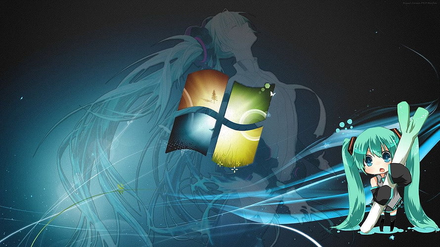 Hatsune Miku Chibi Character with Windows Vista Logo on Dark Blue Background HD wallpaper