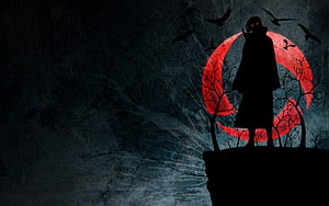Dark Silhouette of a Cloaked Figure with Glowing Red Eyes Standing on a Cliff Against a Red Moon HD wallpaper