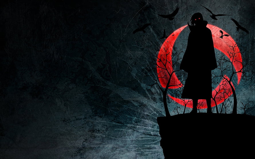 Dark Silhouette of a Cloaked Figure with Glowing Red Eyes Standing on a Cliff Against a Red Moon HD wallpaper