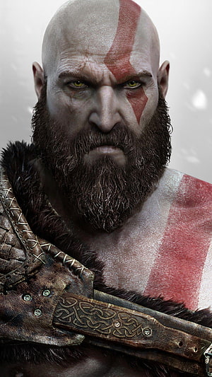 Kratos Close-Up Portrait From God Of War With Red War Paint And Fur Armor HD phone wallpaper