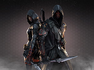 Two hooded tactical operatives in black armor with glowing red visors and futuristic blades HD wallpaper