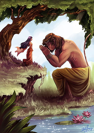 Lord Hanuman in Prayer Beside a Lotus Pond with Sita in the Background, Concept artist, Character Designer, Illustrator. Hanumanji, Lord hanuman , Lord hanuman HD phone wallpaper