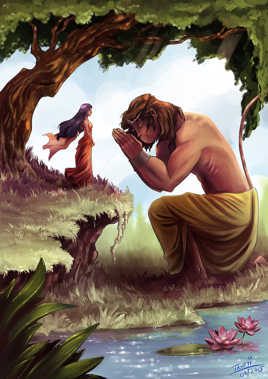 Lord Hanuman in Prayer Beside a Lotus Pond with Sita in the Background, Concept artist, Character Designer, Illustrator. Hanumanji, Lord hanuman , Lord hanuman HD phone wallpaper