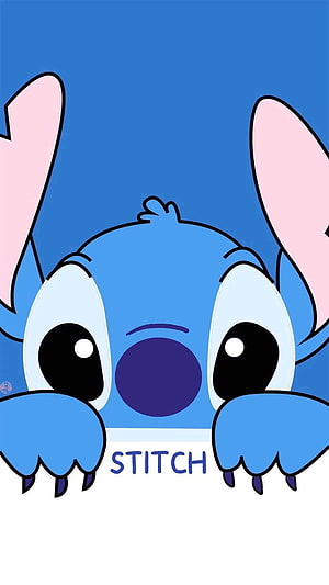 Cute Stitch Peeking Over Edge with Big Eyes and Claws on Blue Background HD phone wallpaper