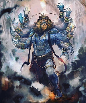 Blue Skinned Multi-Armed Mythological Deity With Golden Halo And Jeweled Armlets HD phone wallpaper