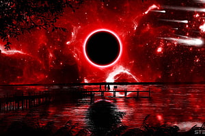Crimson Solar Eclipse Over a Dark Lake with Silhouetted Pier and Meteor Shower HD wallpaper