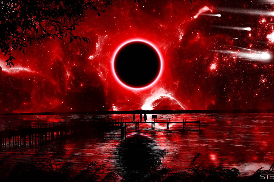 Crimson Solar Eclipse Over a Dark Lake with Silhouetted Pier and Meteor Shower HD wallpaper