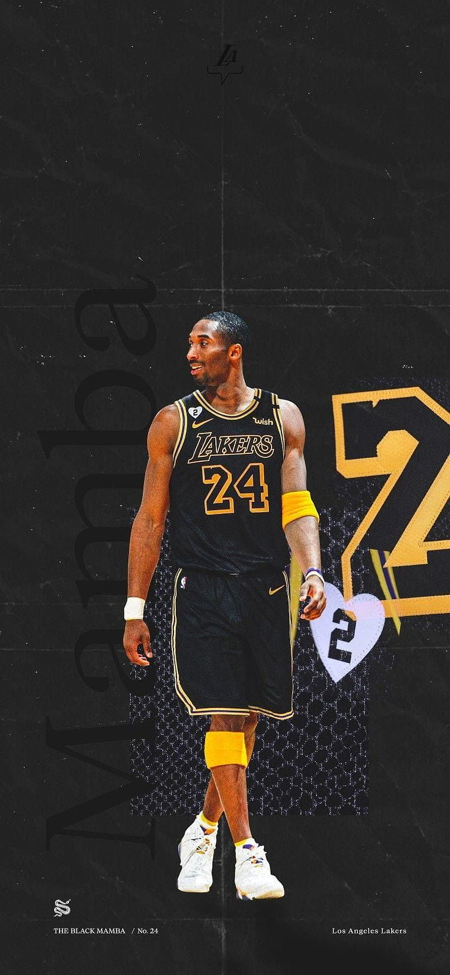 Kobe Bryant in Black Los Angeles Lakers Jersey with Number 24 and Yellow Accessories HD phone wallpaper