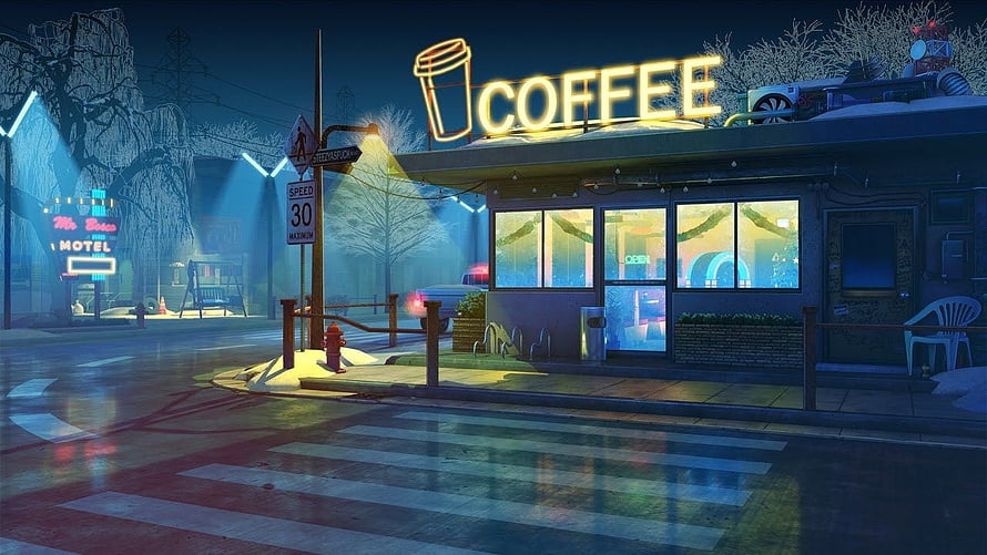Cozy Coffee Shop at Night with Neon Sign and Snowy Street Scene HD wallpaper