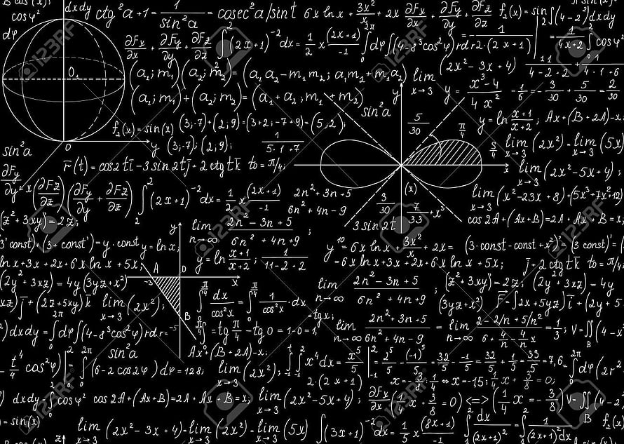 Dense Mathematical Equations and Geometric Diagrams on a Black Chalkboard HD wallpaper