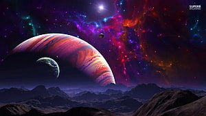 Vibrant Alien Landscape With Giant Gas Giant Planet And Colorful Nebula Background HD wallpaper