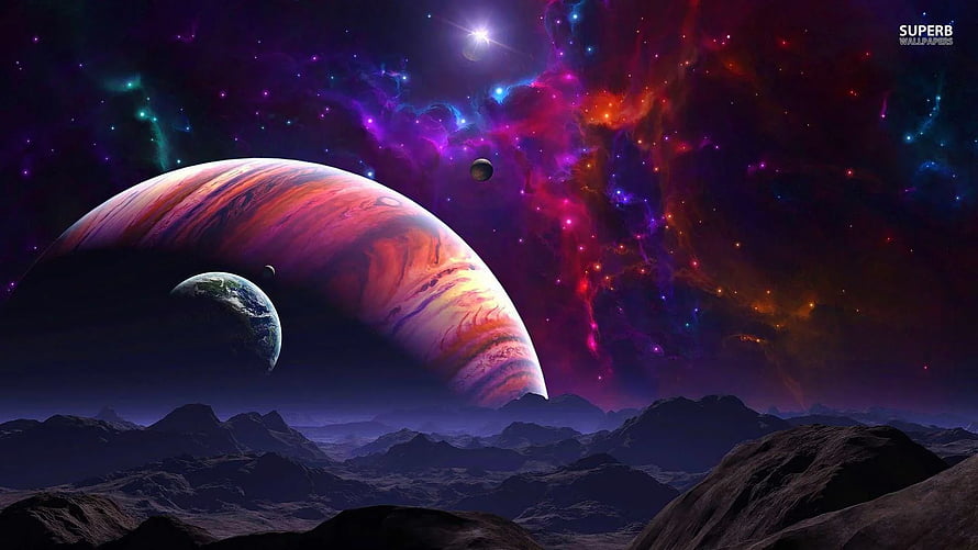 Vibrant Alien Landscape With Giant Gas Giant Planet And Colorful Nebula Background HD wallpaper