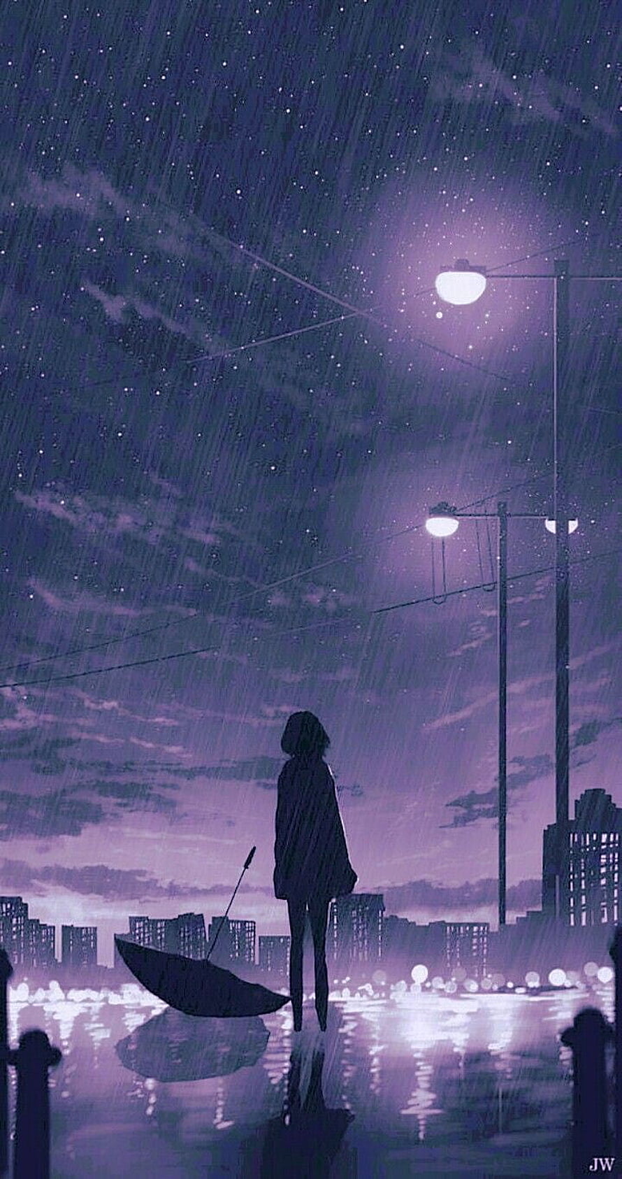 Lone Figure Standing in Rainy City Night with Umbrella and Streetlights HD phone wallpaper