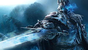 Dark Fantasy Knight in Ornate Skull Armor Wielding a Glowing Blue Sword HD wallpaper