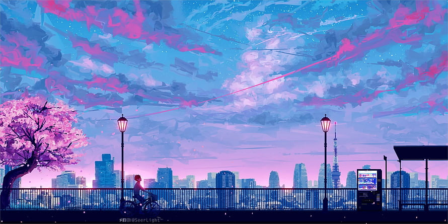 Anime Style Tokyo Cityscape with Tokyo Skytree and Pink Cherry Blossom Tree at Sunset HD wallpaper