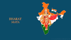 Bharat Mata illustration riding a lion with Indian flag on map background HD wallpaper