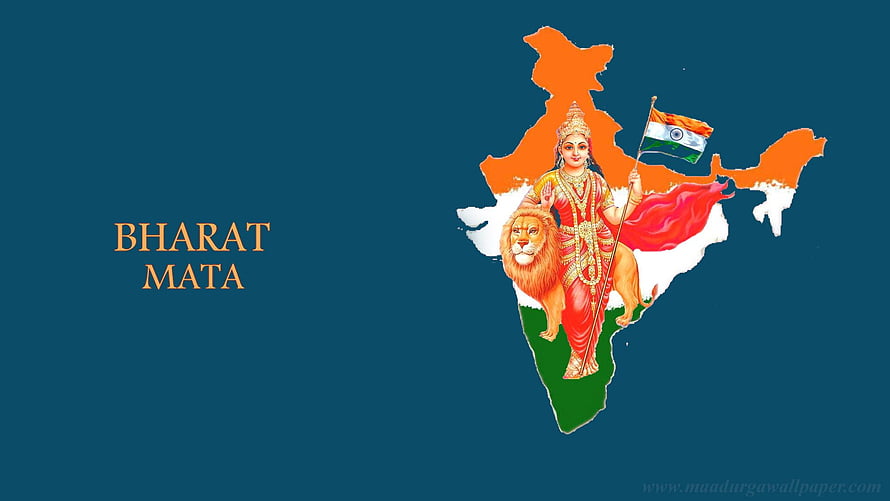 Bharat Mata illustration riding a lion with Indian flag on map background HD wallpaper