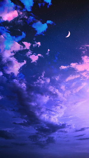 Purple and blue night sky with a crescent moon and scattered stars HD phone wallpaper