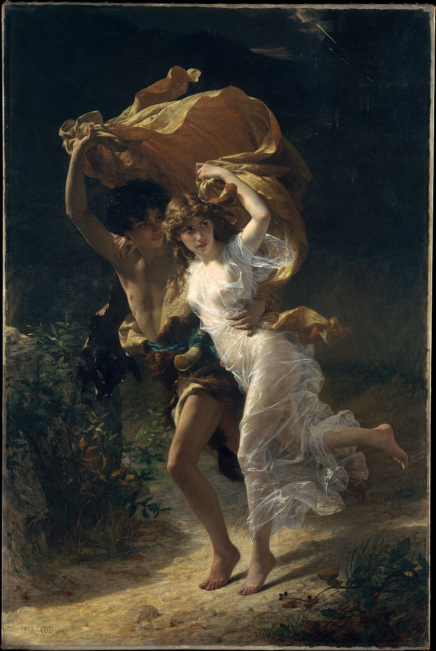 Pierre Auguste Cot The Storm Oil Painting of a Shepherd and Shepherdess in a Dramatic Landscape HD phone wallpaper