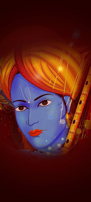 Lord Krishna Portrait with Blue Skin and Golden Flute in Vibrant Digital Art Style HD phone wallpaper