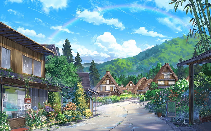 Anime Style Japanese Village Street With Rainbow And Traditional Thatched Roofs HD wallpaper