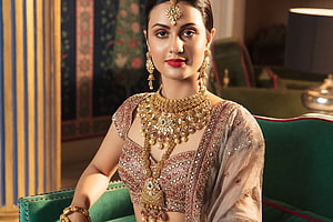 Elegant Indian Bride in Traditional Bridal Lehenga with Heavy Gold Jewelry and Maang Tikka HD wallpaper