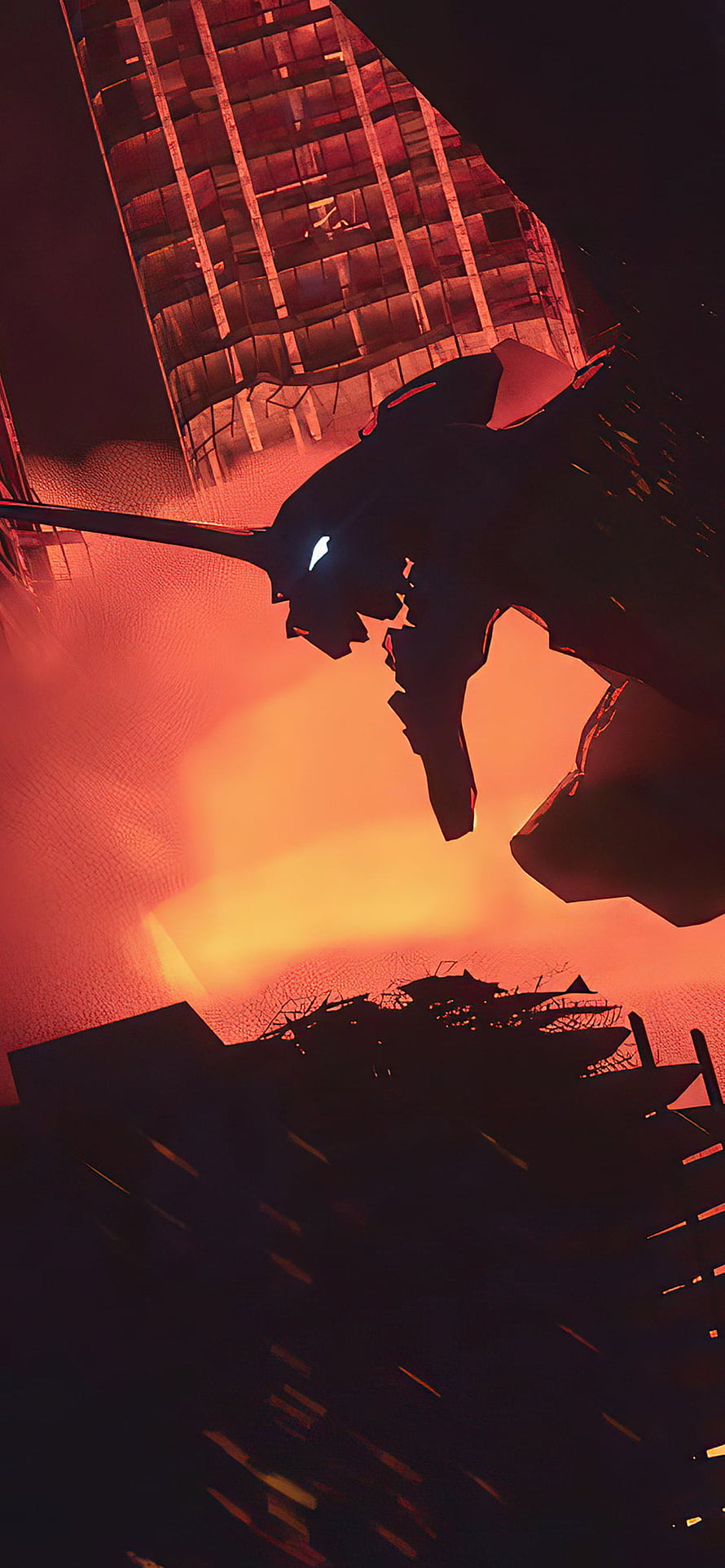 Neon Genesis Evangelion Unit-01 Silhouette Amidst a Burning Cityscape HD phone wallpaper