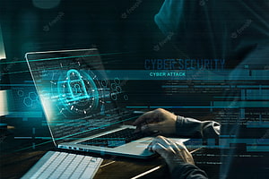 Cybersecurity Concept with Hacker Typing on Laptop and Digital Lock Interface HD wallpaper