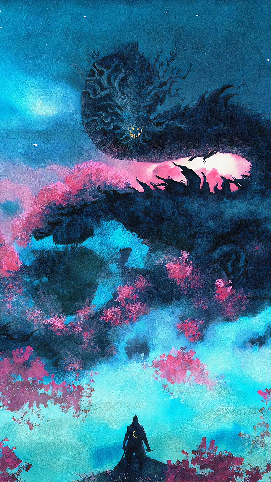 Serpent Guardian and Lone Warrior in a Dreamlike Watercolor Landscape HD phone wallpaper